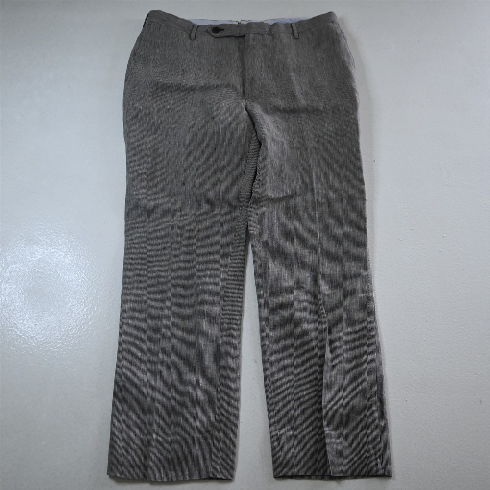 Bespoke Italy Made 32x27 Gray Striped 100% Linen Flat Front Classic Mens Pants
